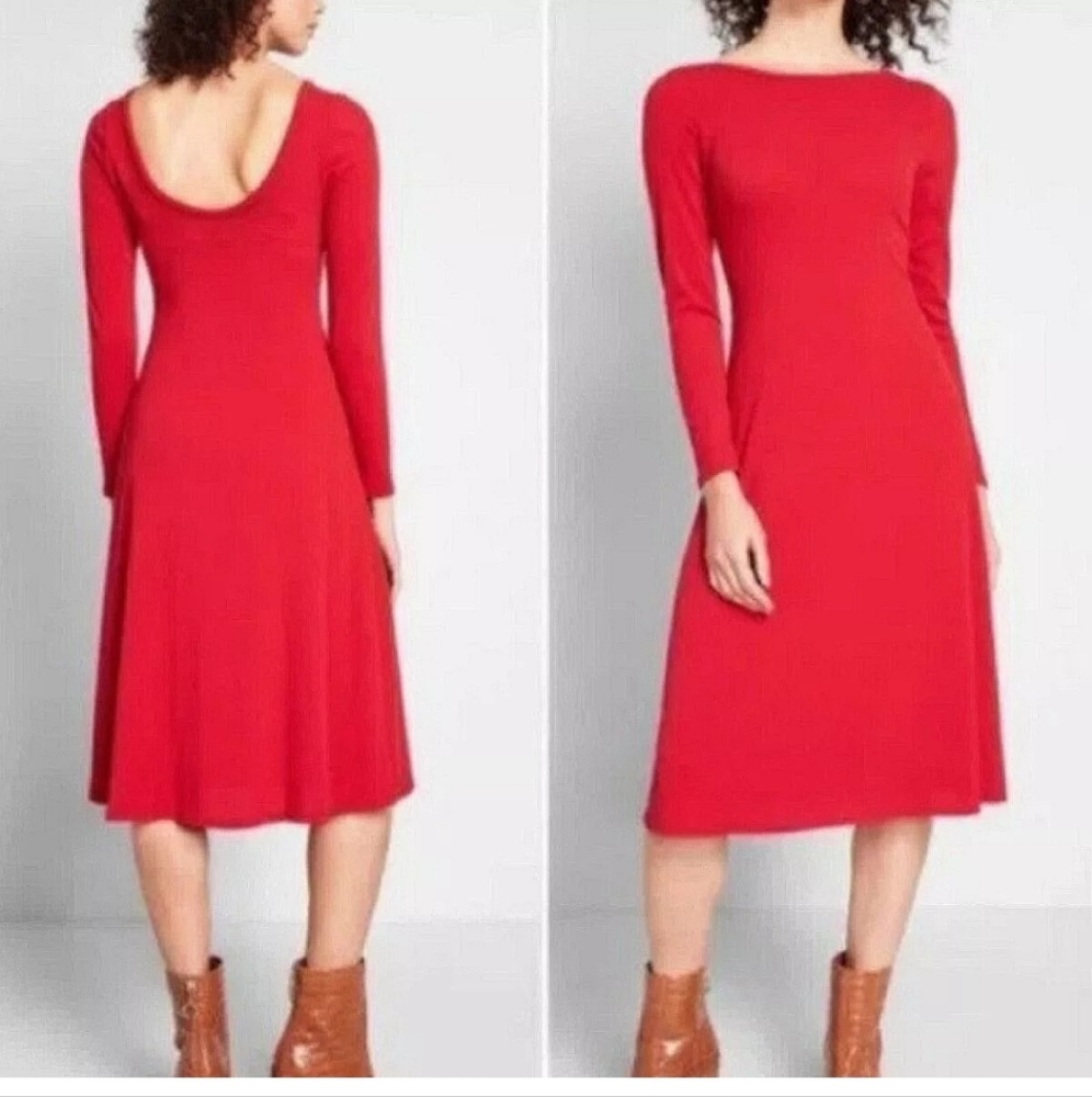 ModCloth Red Knit Low Back Drapey Sweet Simplicity Midi Dress Small